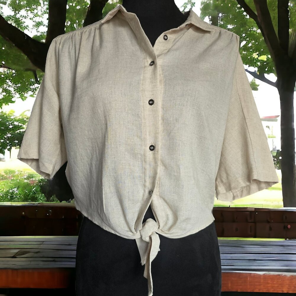 NWOT MOD REF ( S ) Collar Top Waist Tie Button Up Short Sleeve Cotton Linen Top